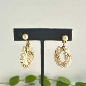 Vintage Faux Pearl & Gold Bead Clip-On Earrings Mid Century Bridal Jewelry 1.5"